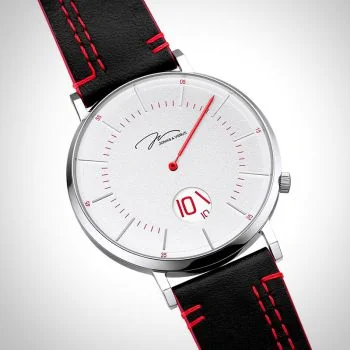  Profil Jonas & Verus Discover acier cadran blanc bracelet cuir noir surpiqûre rouge lisse