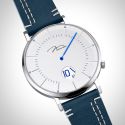  Profil Jonas & Verus Discover acier cadran blanc bracelet cuir bleu surpiqûre blanche lisse