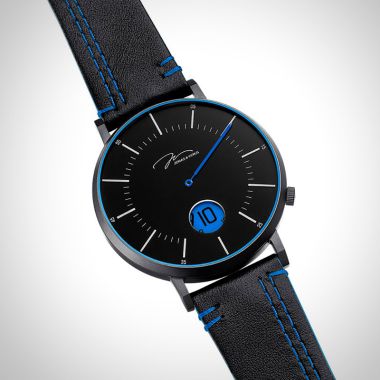  Profil Jonas & Verus Discover acier cadran noir bracelet cuir noir surpiqûre bleue lisse