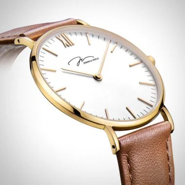  Profil Jonas & Verus Real acier cadran blanc bracelet cuir marron clair surpiqûre marron lisse