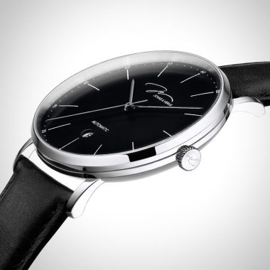  Profil Jonas & Verus Surging acier cadran noir bracelet cuir noir surpiqûre noire lisse