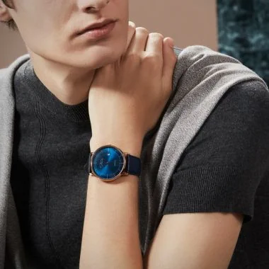  Portée Jonas & Verus Surging acier cadran bleu bracelet cuir bleu marine surpiqûre bleue lisse
