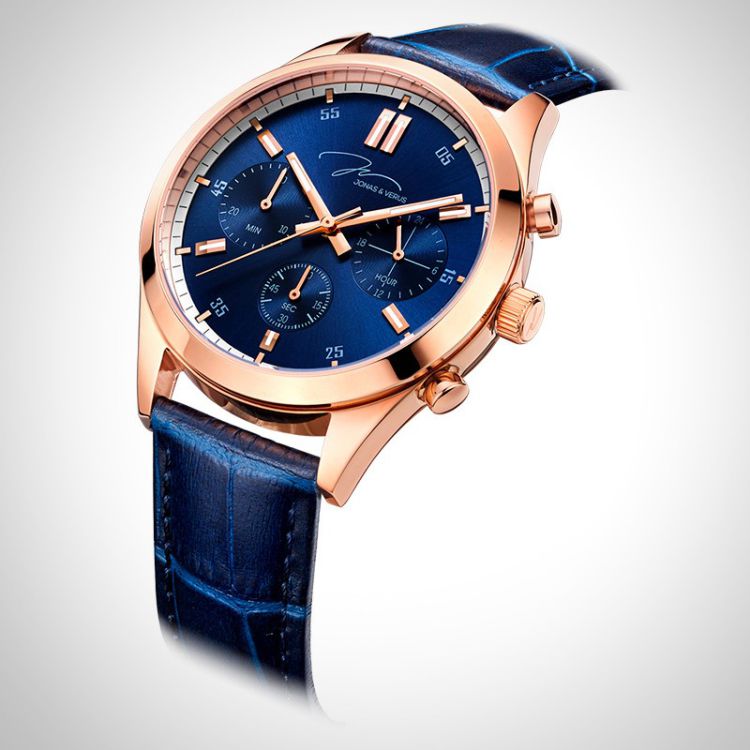 Profil Jonas & Verus V-Sport Chrono acier cadran bleu marine bracelet cuir bleu marine surpiqûre noire façon croco