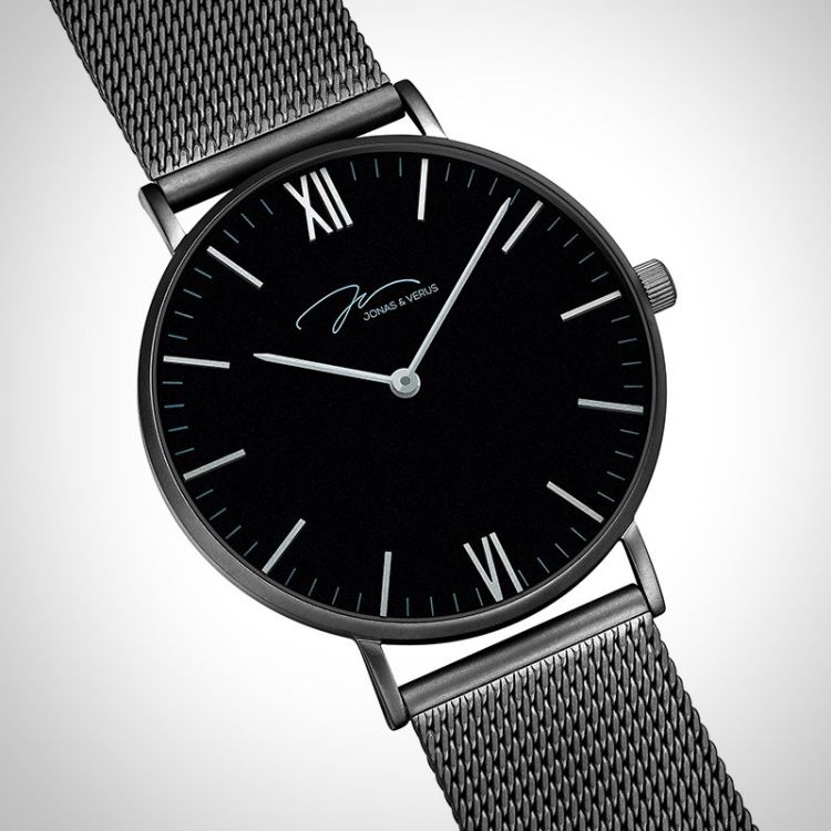  Profil Jonas & Verus Real acier cadran noir bracelet maille milanaise noir acier chromé