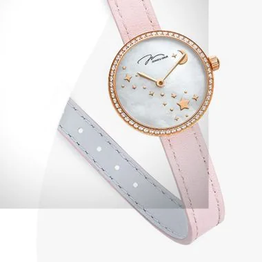  Détail Jonas & Verus Lumière acier cadran blanc bracelet cuir rose et gris surpiqûre rose mat