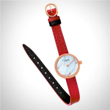  Détail Jonas & Verus Lumière acier cadran blanc bracelet cuir noir et rouge surpiqûre rouge mat