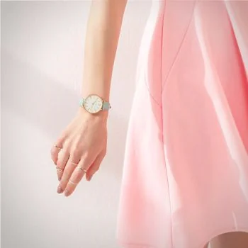  Portée Jonas & Verus Minor Girl acier cadran blanc bracelet cuir vert d'eau surpiqûre verte lisse