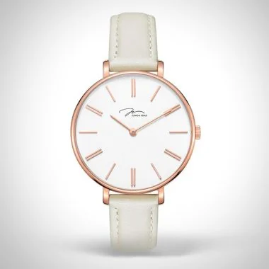 Face Jonas & Verus Minor Girl acier cadran blanc bracelet cuir blanc surpiqûre beige lisse