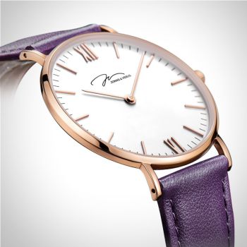  Profil Jonas & Verus Real acier cadran blanc bracelet cuir violet surpiqûre violette lisse