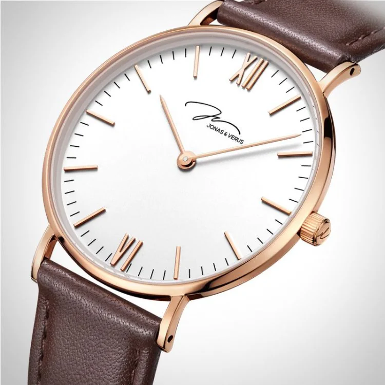  Profil Jonas & Verus Real acier cadran blanc bracelet cuir marron surpiqûre marron lisse