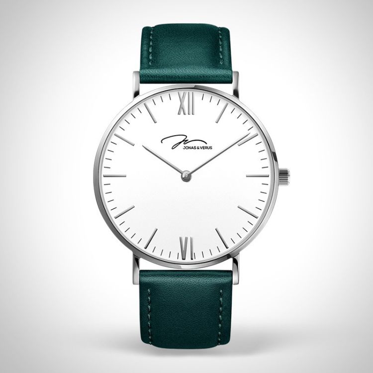 Face Jonas & Verus Real acier cadran blanc bracelet cuir vert surpiqûre verte lisse