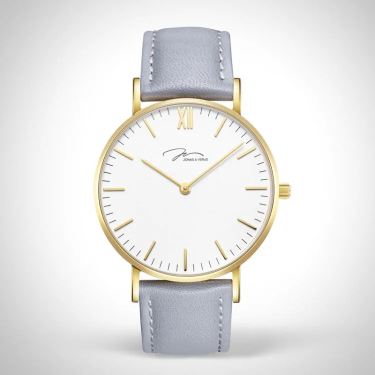 Face Jonas & Verus Real acier cadran blanc bracelet cuir gris surpiqûre grise lisse