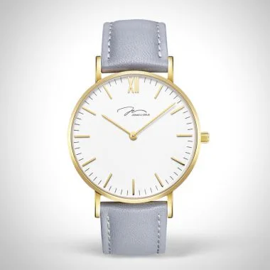 Face Jonas & Verus Real acier cadran blanc bracelet cuir gris surpiqûre grise lisse
