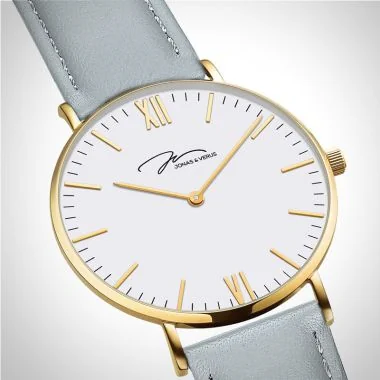  Profil Jonas & Verus Real acier cadran blanc bracelet cuir gris surpiqûre grise lisse