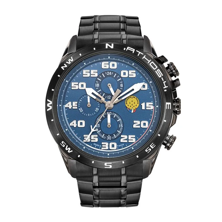 Montre Patrouille de France Athos 4 Charognard Chrono Acier noir Cadran bleu Montre Patrouille de France Athos 4 Charognard Chrono Acier noir Cadran bleu