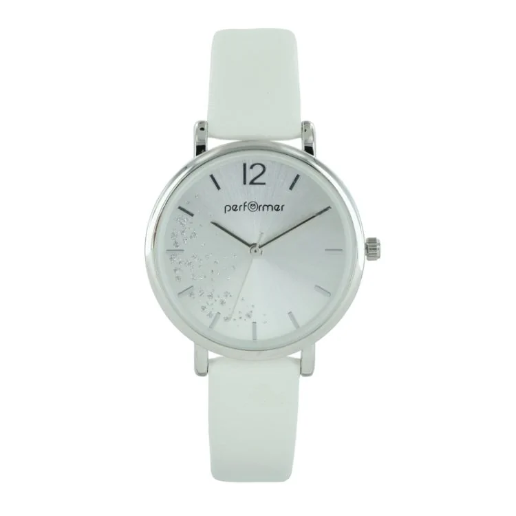 Face Montre Performer Femme Simili Cuir Lisse Blanc Cadran Paillette  - 70715822