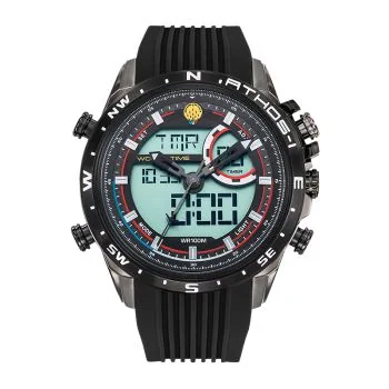Face montre homme officiel Patrouille de France Athos 1 Leader silicone noir acier noir cadran anadigital chrono