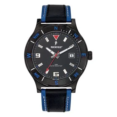Face Montre Homme Ruckfield Sport Boîtier Acier Bracelet Cuir Noir et bleu Cadran Noir