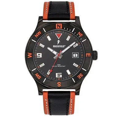 Face Montre Homme Ruckfield Sport Boîtier Acier Bracelet Cuir Noir et orange Cadran Noir