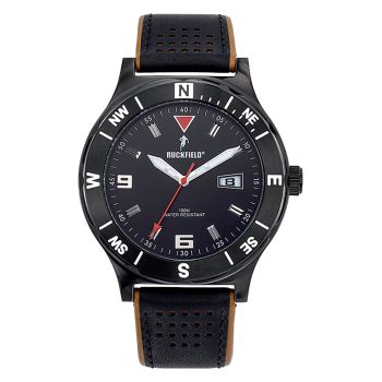 Face Montre Homme Ruckfield Sport Boîtier Acier Bracelet Cuir Noir et marron Cadran Noir