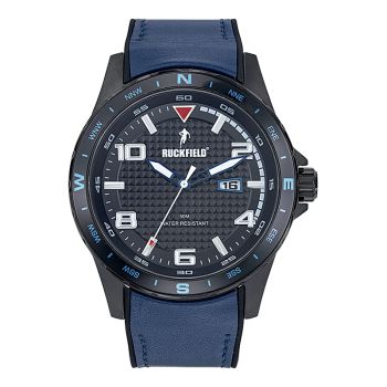 Face Montre Homme Ruckfield Sport Boîtier Acier Bracelet Cuir Bleu marine Cadran Noir