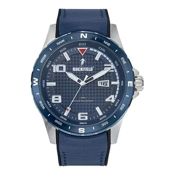 Face Montre Homme Ruckfield Sport Boîtier Acier Bracelet Cuir Bleu marine Cadran Bleu marine