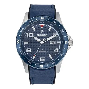 Face Montre Homme Ruckfield Sport Boîtier Acier Bracelet Cuir Bleu marine Cadran Bleu marine
