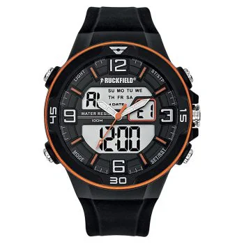 Face Montre Homme Ruckfield Sport Boîtier Résine Bracelet Silicone Noir Cadran LCD