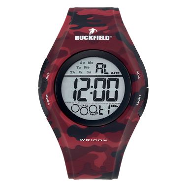 Face Montre Homme Ruckfield Sport Boîtier Silicone Bracelet Silicone Rouge Cadran LCD