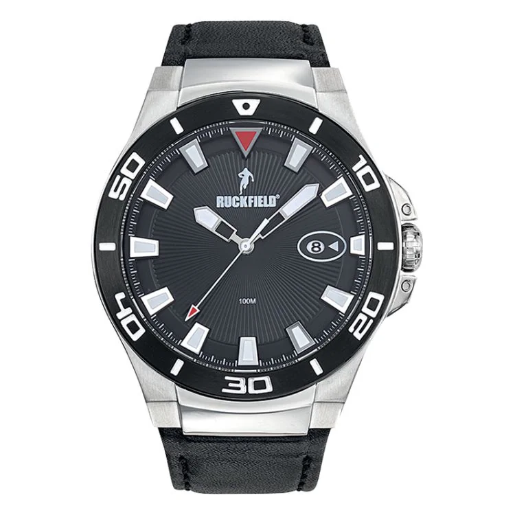 Face Montre Homme Ruckfield Sport Boîtier Acier Bracelet Cuir Noir Cadran Noir Face Montre Homme Ruckfield Sport Boîtier Acier Bracelet Cuir Noir Cadran Noir