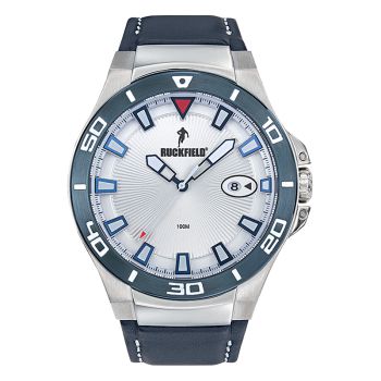 Face Montre Homme Ruckfield Sport Boîtier Acier Bracelet Cuir Bleu marine Cadran Argent