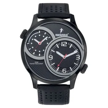 Face Montre Homme Ruckfield Sport Boîtier Acier Bracelet Cuir Noir Cadran Noir