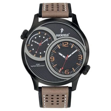 Face Montre Homme Ruckfield Sport Boîtier Acier Bracelet Cuir Marron Cadran Noir
