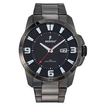 Face Montre Homme Ruckfield Sport Boîtier Acier Bracelet Acier Gris Cadran Noir
