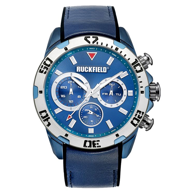 Face Montre Homme Ruckfield Sport Boîtier Acier Bracelet Cuir Bleu marine Cadran Bleu marine