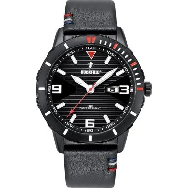 Face Montre Homme Ruckfield Sport Boîtier Acier Bracelet Cuir Noir Cadran Noir