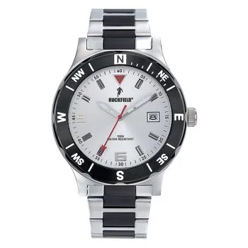 Face Montre Homme Ruckfield Sport Boîtier Acier Bracelet Acier Noir et blanc Cadran Argent