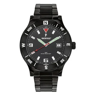 Face Montre Homme Ruckfield Sport Boîtier Acier Bracelet Acier Noir Cadran Noir