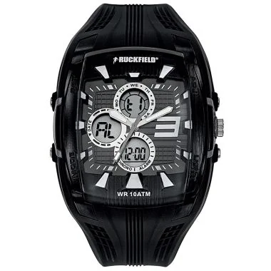 Face Montre Homme Ruckfield Sport Boîtier Résine Bracelet Silicone Noir Cadran Noir