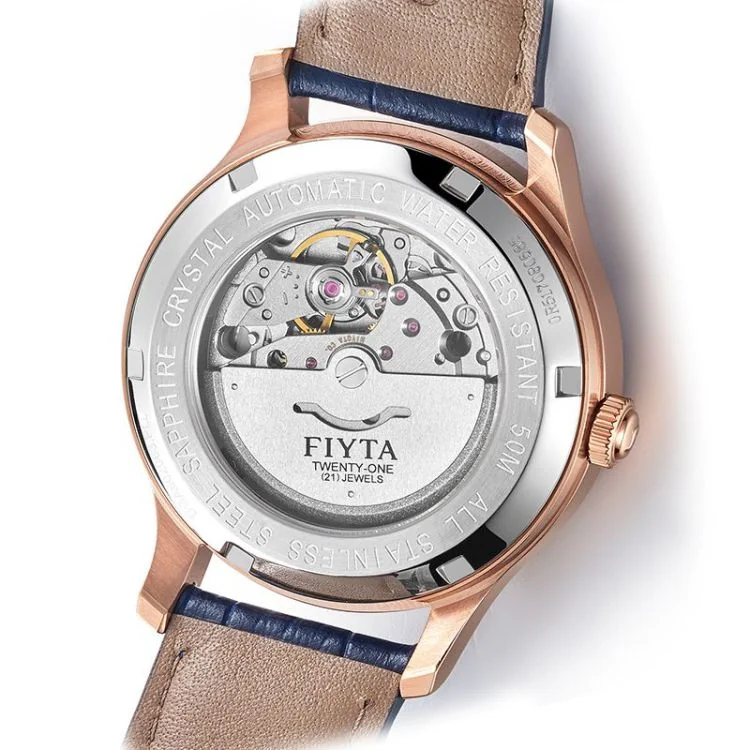 Dos Montre Fiyta Classic Automatique Cuir Bleu Cadran Bleu Dateur DGA802063.PLL