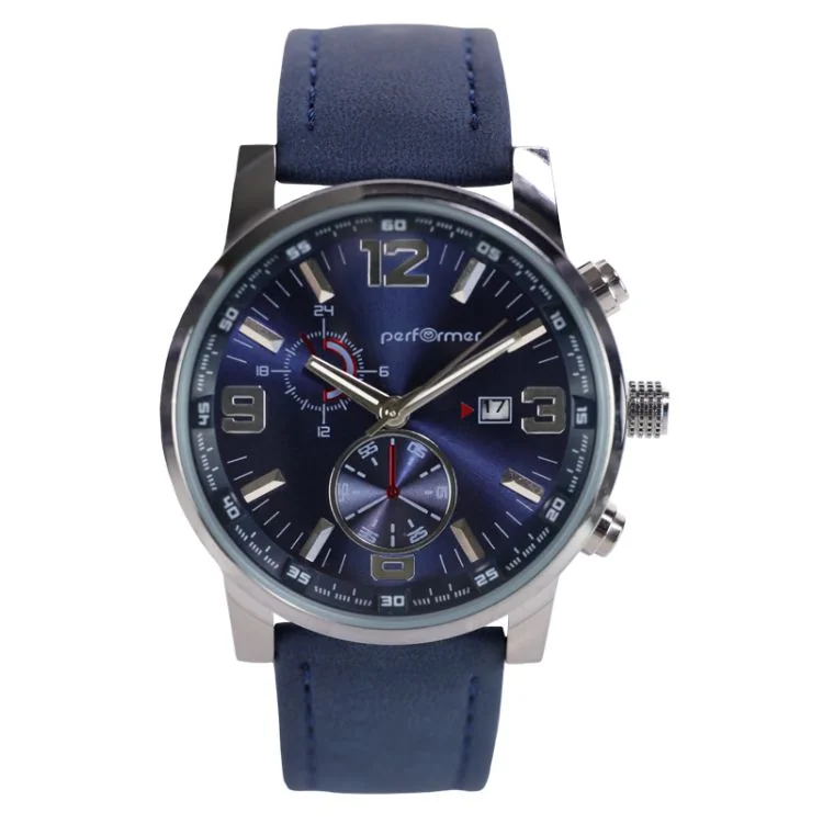 Performer Unisex Chronograph Watch, Blue Faux Leather Strap, Blue Dial, Date Window