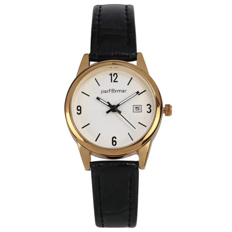 Performer Classic Women's Watch with Black Crocodile-Print Faux Leather Strap, White Dial, and Date Function - 70716412