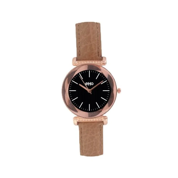 eHo Eco-Friendly Women's Watch with Brown Leather Strap and Black Dial