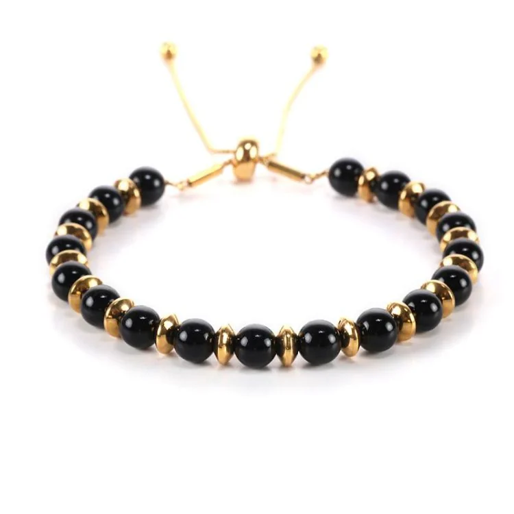 Chic Women's Bracelet with Gold-Toned Stainless Steel and Onyx