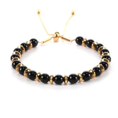 Chic Women's Bracelet with Gold-Toned Stainless Steel and Onyx
