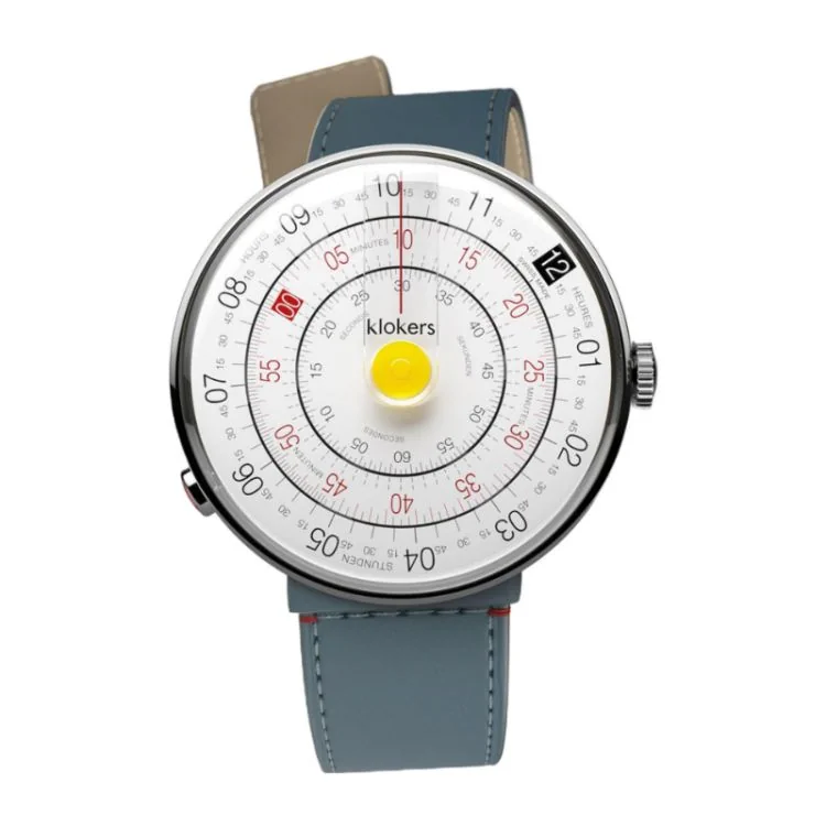 Klokers Watch - Klok 01 - Heritage - White & Yellow Dial - Denim Blue Leather Strap