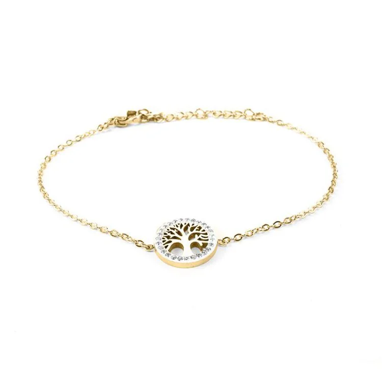 Pjn - Women's Fine-Link Bracelet - Gold Tree of Life with Rhinestones