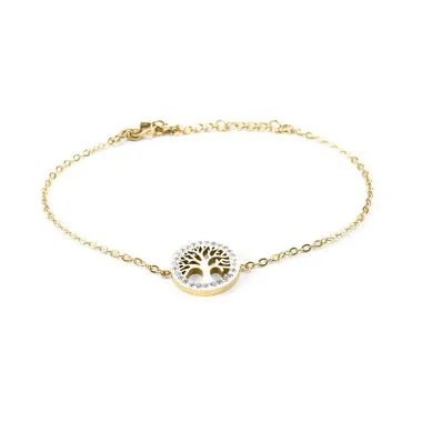 Pjn - Women's Fine-Link Bracelet - Gold Tree of Life with Rhinestones