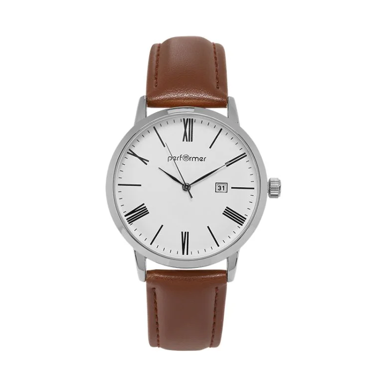Performer Watch - Classic - Date - Brown Leather Strap, White Dial - 70220412