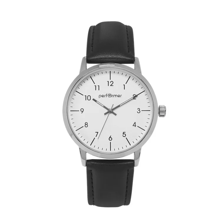 Performer Watch - Minimalist - Date Display - Black Leather, White Dial - 70220612